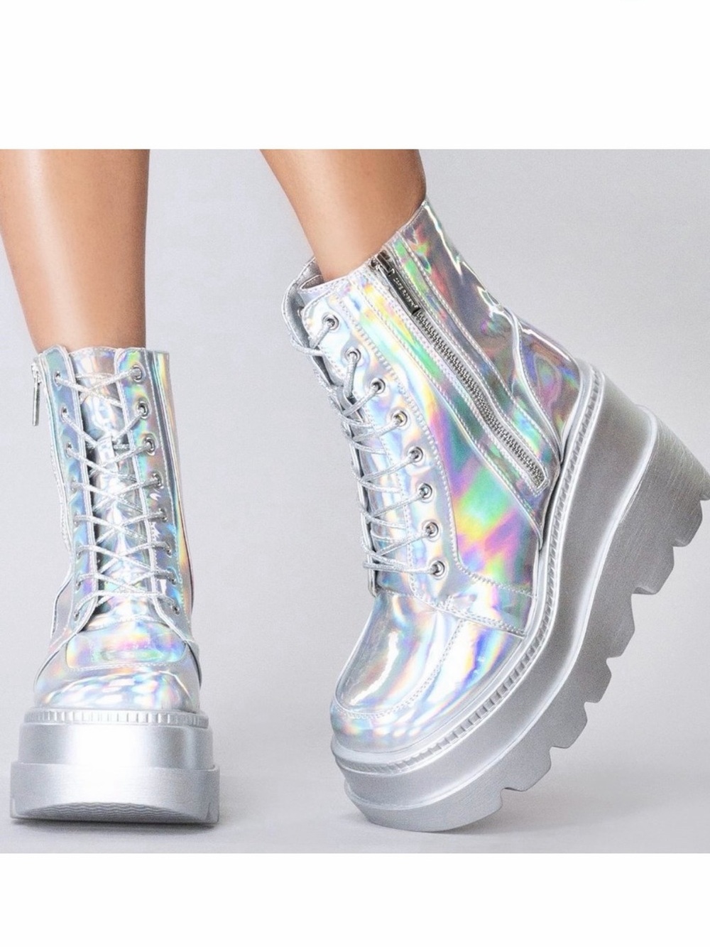 Cape Robbin Holographic Silver Platform Lace-Up Boots